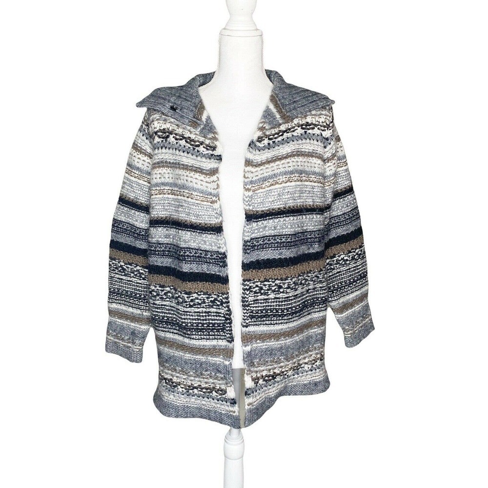 J Jill Sz S Gray Black Brown Striped Wool Alpaca Open Cardigan Sweater Lagenlook